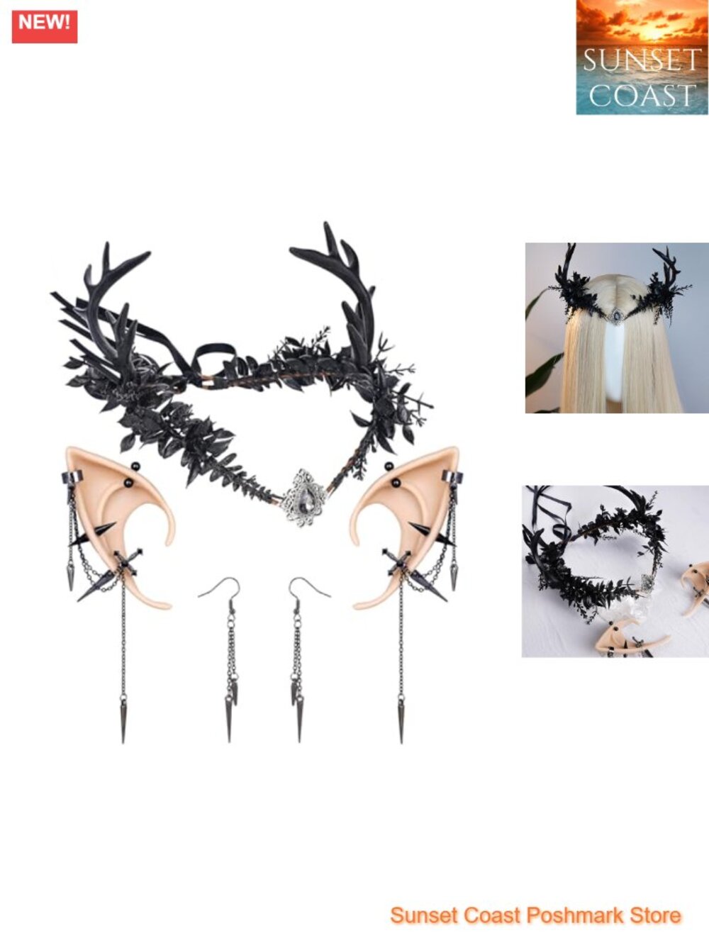 Gothic Renfaire Costume Antler Crown Elf Ears with Punk Dangle Piercings Set